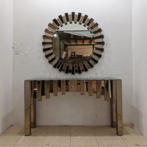 Set Brown Console Table with Round Sunburn Mirror 0107011