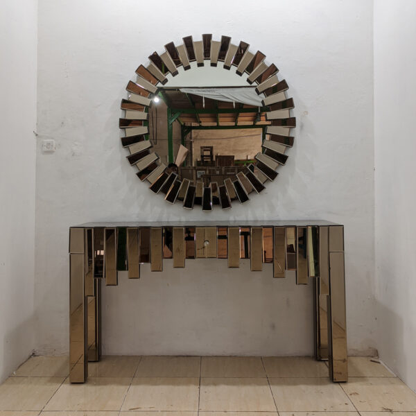 Set Brown Console Table with Round Sunburn Mirror 0107011